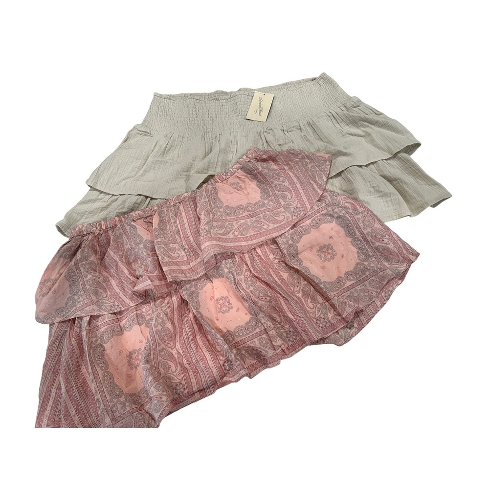 Womens XL Smocked Ruffle Mini Skirt Lot 2 Pink Paisley Tan Gauze Univeral Thread